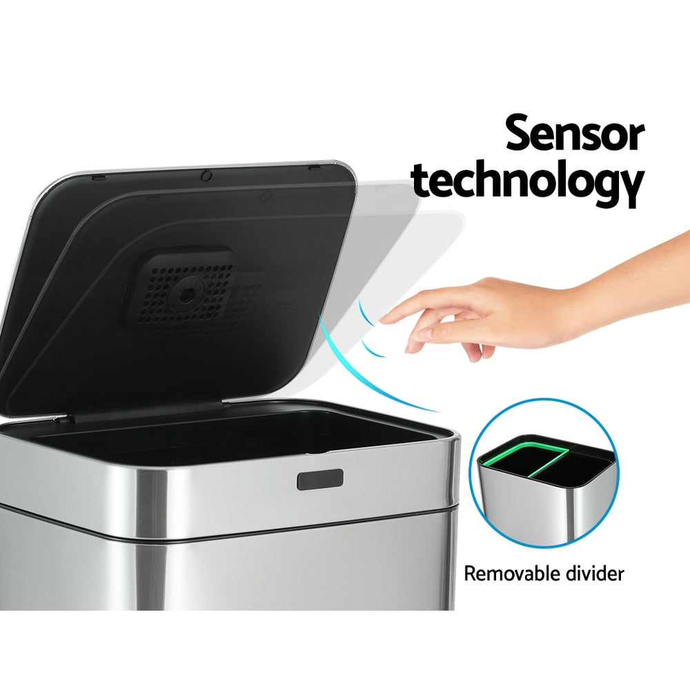 Devanti 70L Motion Sensor Bin Dual Compartment Silver