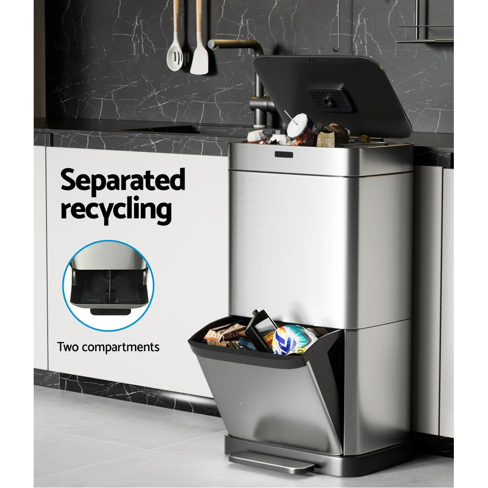 Devanti 70L Motion Sensor Bin Dual Compartment Silver
