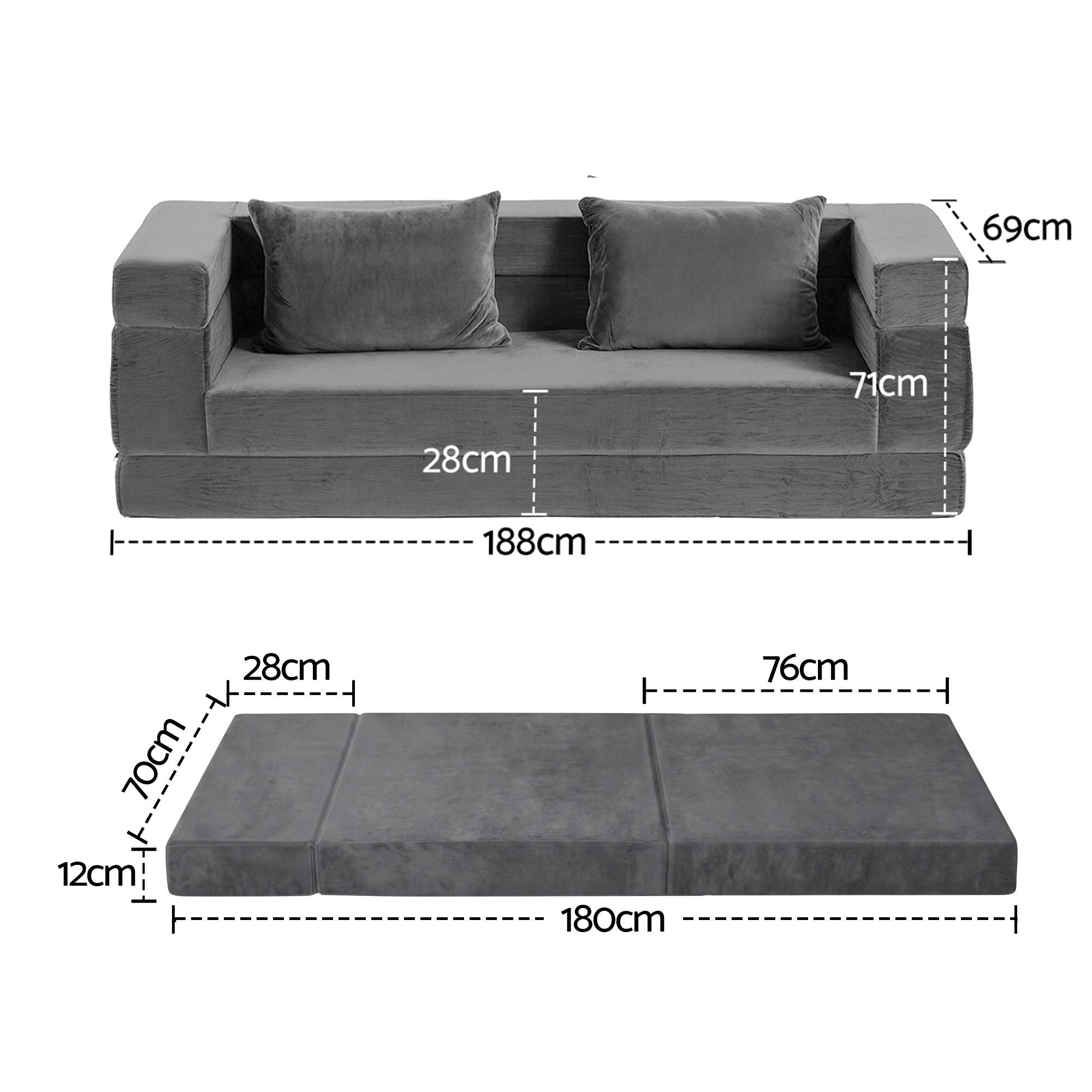 Artiss 3-in-1 Convertible Sofa Bed with Folding Mattress Velvet Foam Chair 300KG