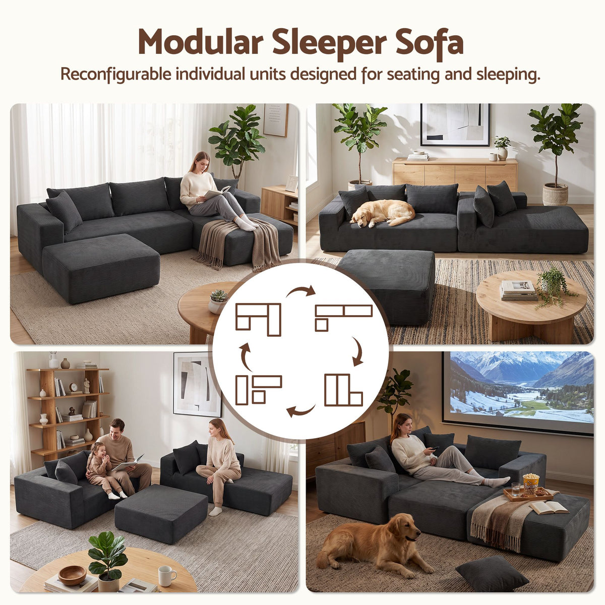 Artiss Modular Sectional Sofa Bed U-Shape 4-Seater Couch Chaise Ottoman Corduroy