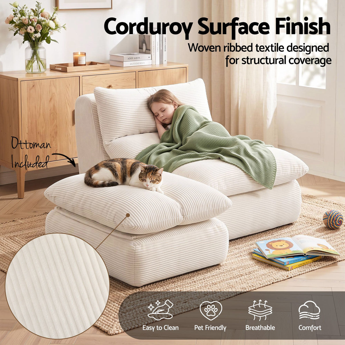 Artiss Lounge Chair with Ottoman Single Sofa Couch Corduroy Boneless