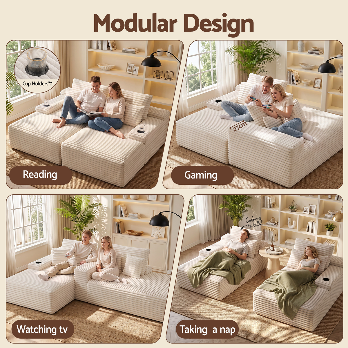 Artiss Double Chaise Lounge Sofa 2-Seater Modular Sofa Lounge Chair Couch Beige