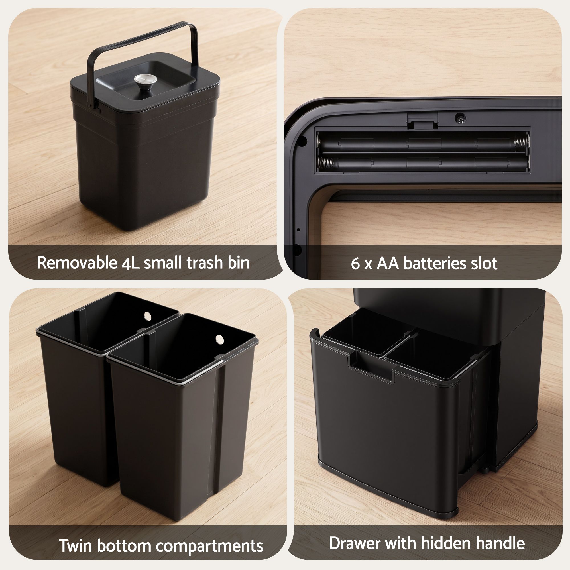 Devanti 72L Sensor Bin Rubbish Bins 4-in-1 Compartment Stainless Steel Trash Can Black