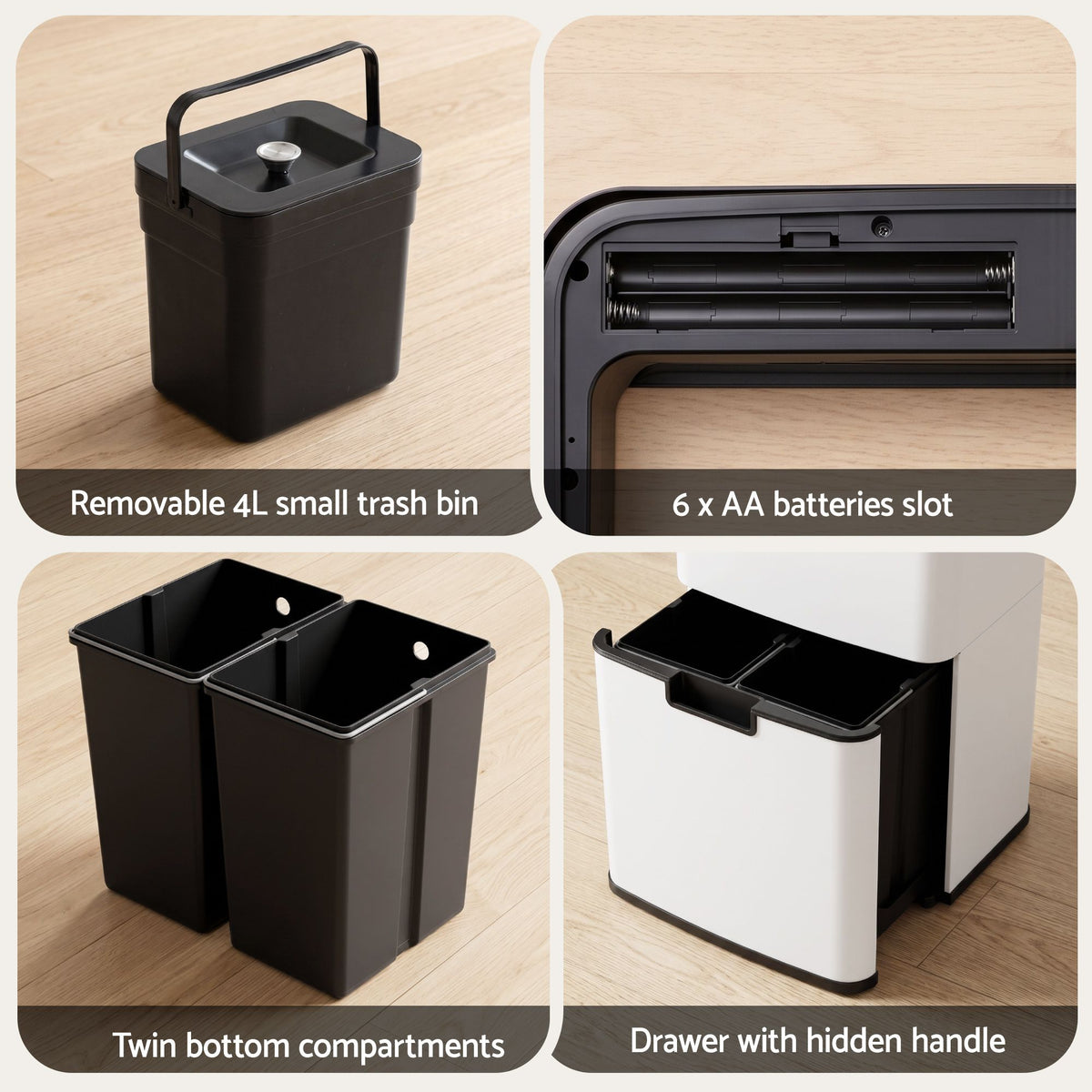 Devanti 72L Sensor Bin Rubbish Bins 4-in-1 Compartment Stainless Steel Trash Can White