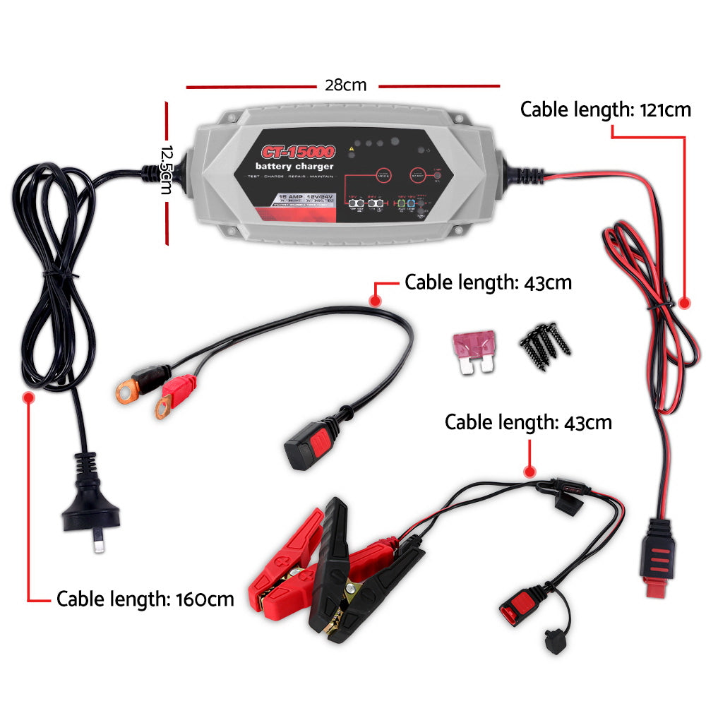 CT-15000 15A Smart Battery Charger 12V/24V AGM Lithium for Cars and Trucks