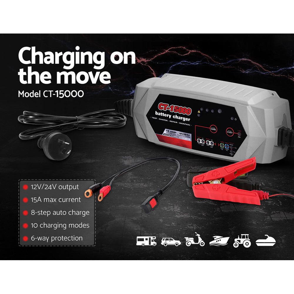 CT-15000 15A Smart Battery Charger 12V/24V AGM Lithium for Cars and Trucks