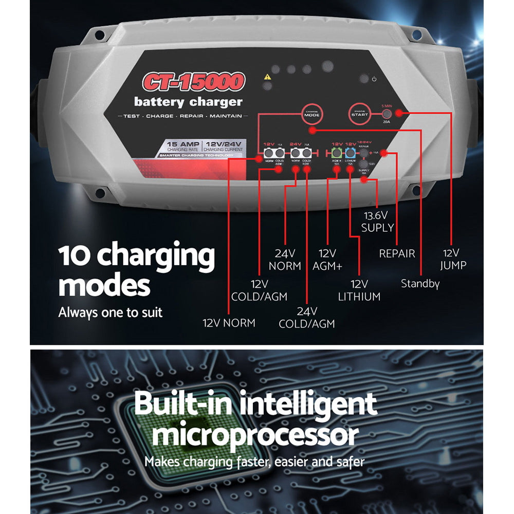 CT-15000 15A Smart Battery Charger 12V/24V AGM Lithium for Cars and Trucks