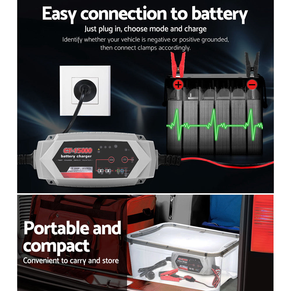 CT-15000 15A Smart Battery Charger 12V/24V AGM Lithium for Cars and Trucks