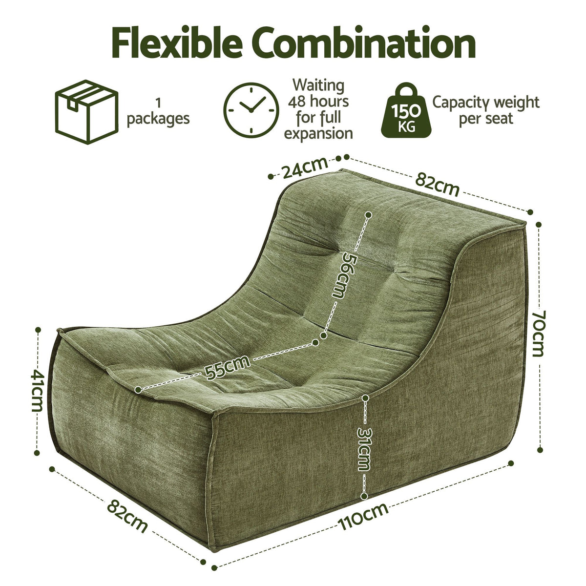 Artiss Sofa & Coffee Table Set Armless Chenille No Assembly Green White & Black