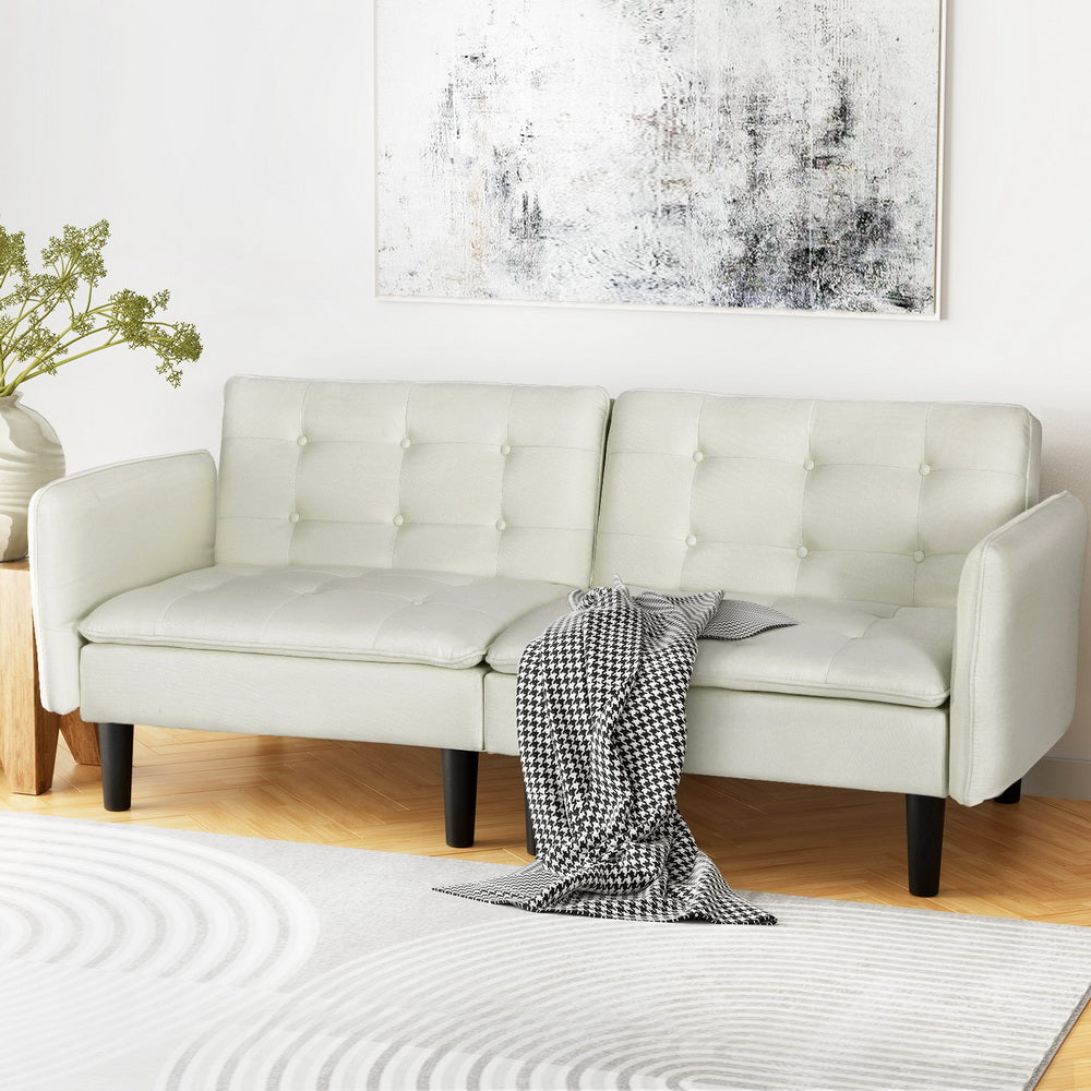 Serena 3-Seater Sofa Bed Tufted Faux Linen Beige