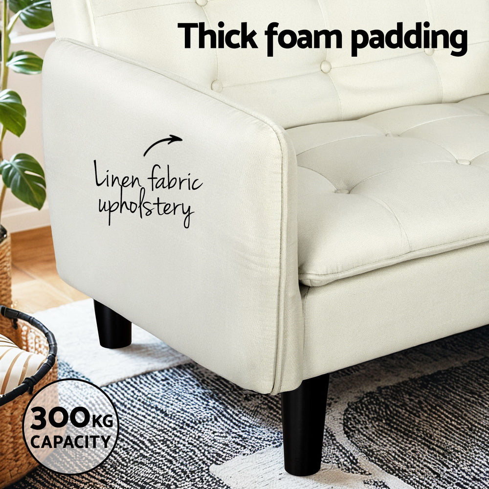 Serena 3-Seater Sofa Bed Tufted Faux Linen Beige