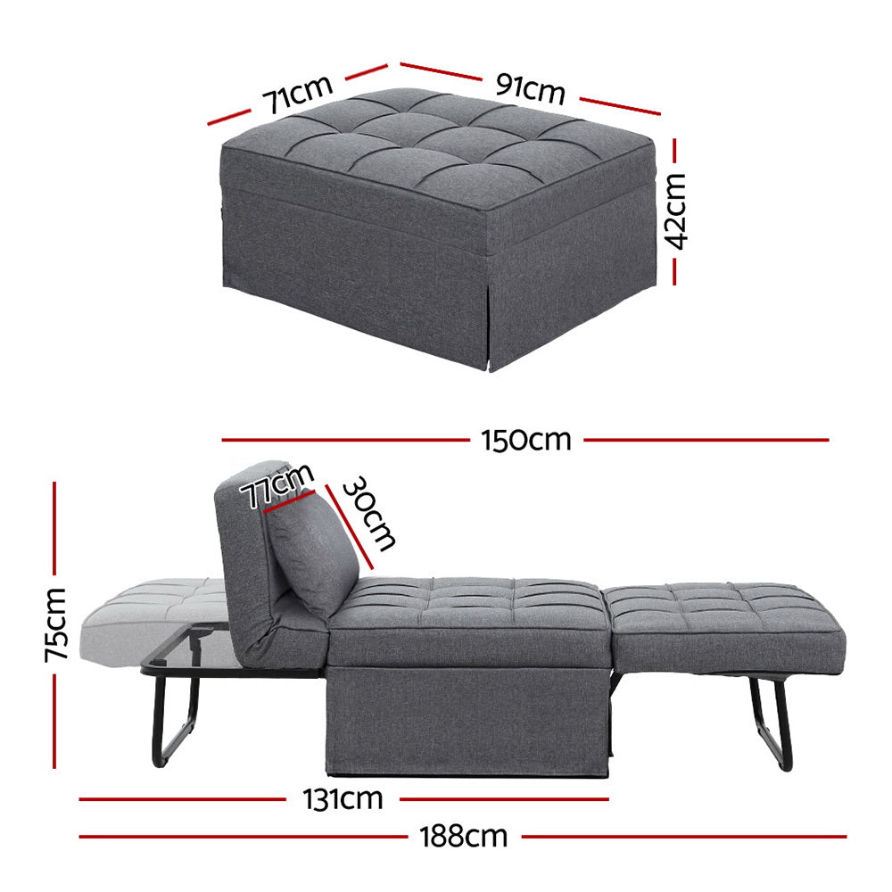 4-in-1 Linen Grey Sofa Bed Ottoman w/Adjustable Backrest - Artiss