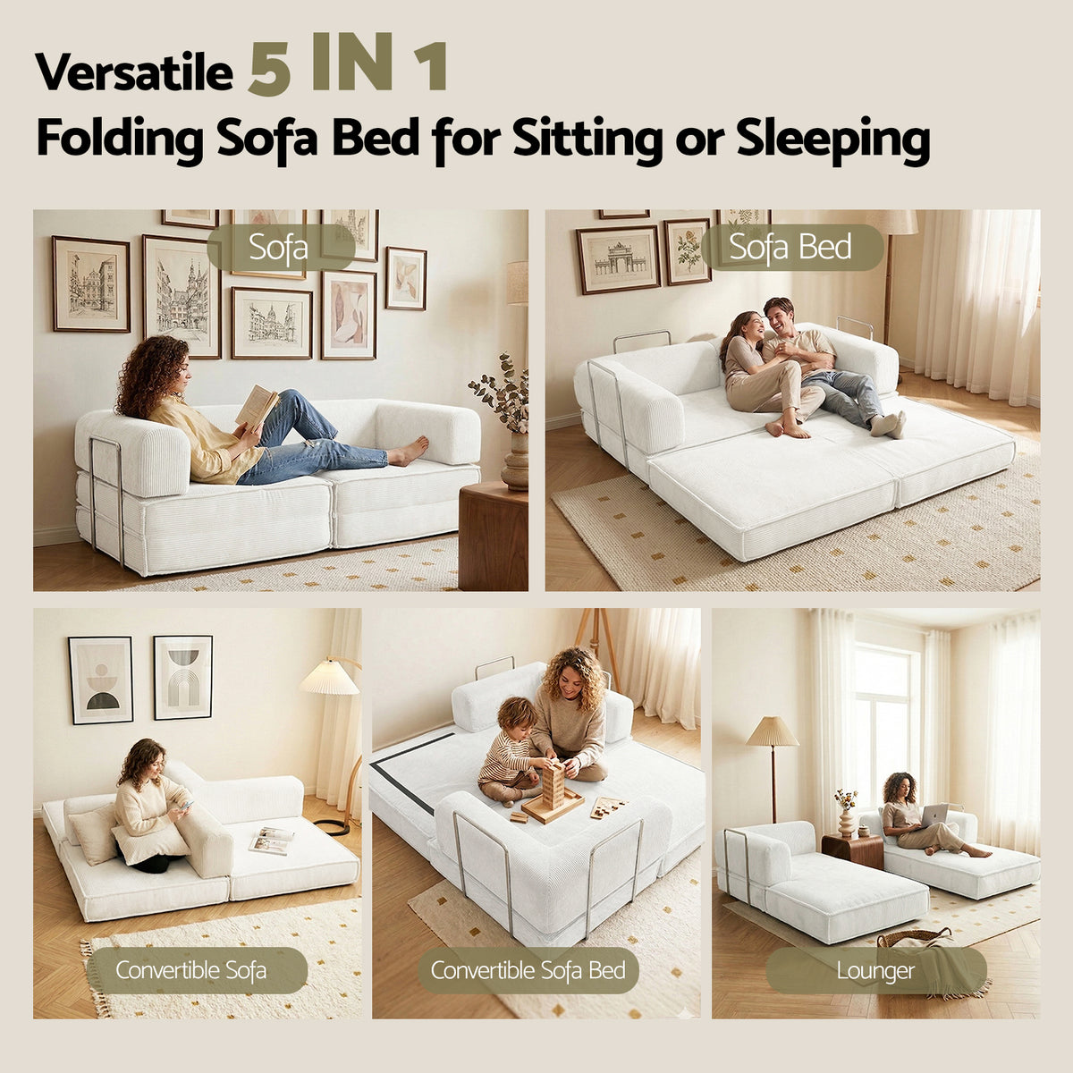 Artiss Convertible Folding Sofa Bed Corduroy Beige
