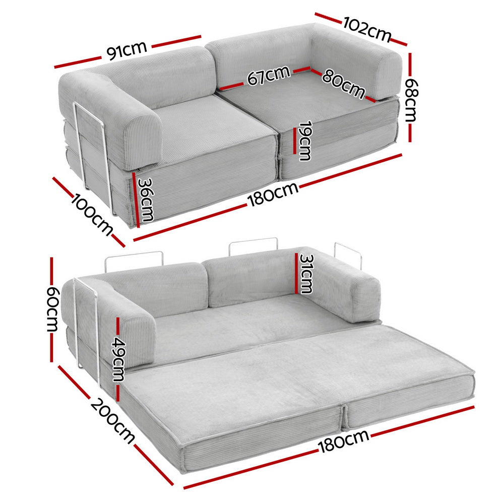 Artiss Convertible 2-Seater Sofa Bed Folding Corduroy Grey