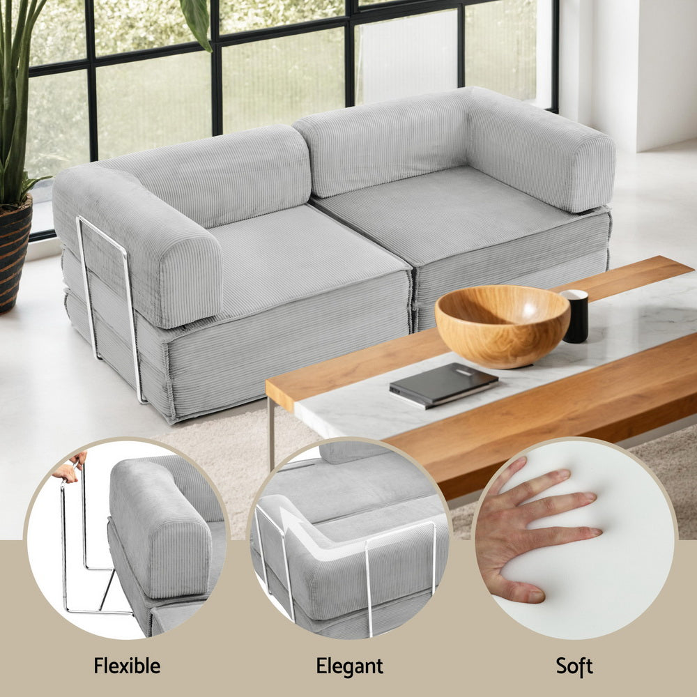 Artiss Convertible 2-Seater Sofa Bed Folding Corduroy Grey