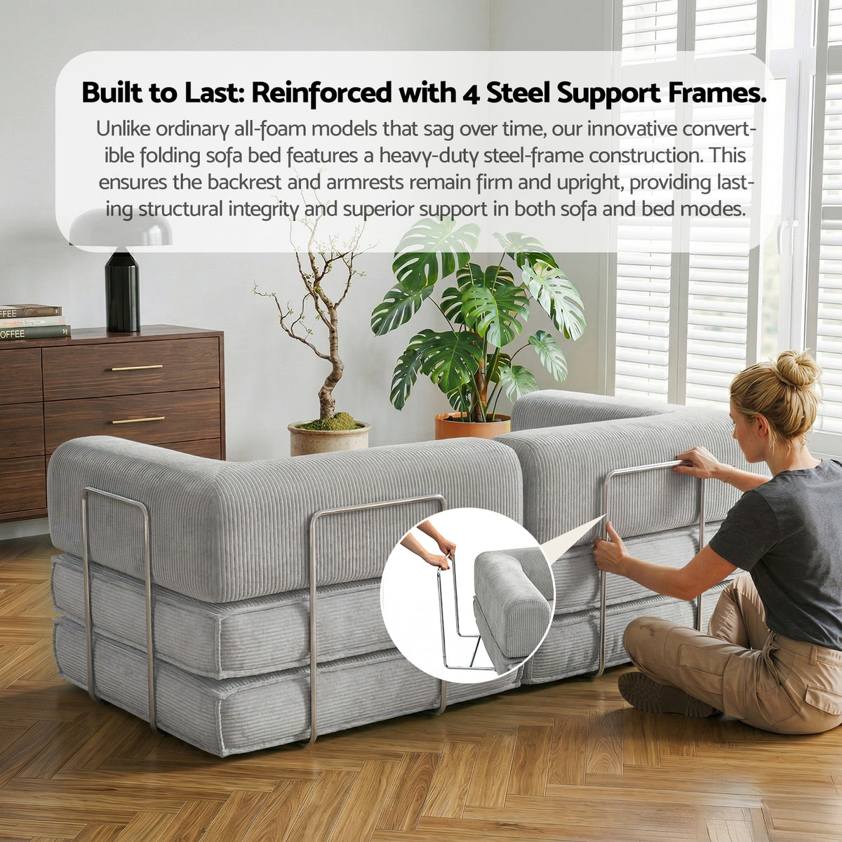 Artiss 2 Seater Convertible Folding Sofa Bed Corduroy Grey