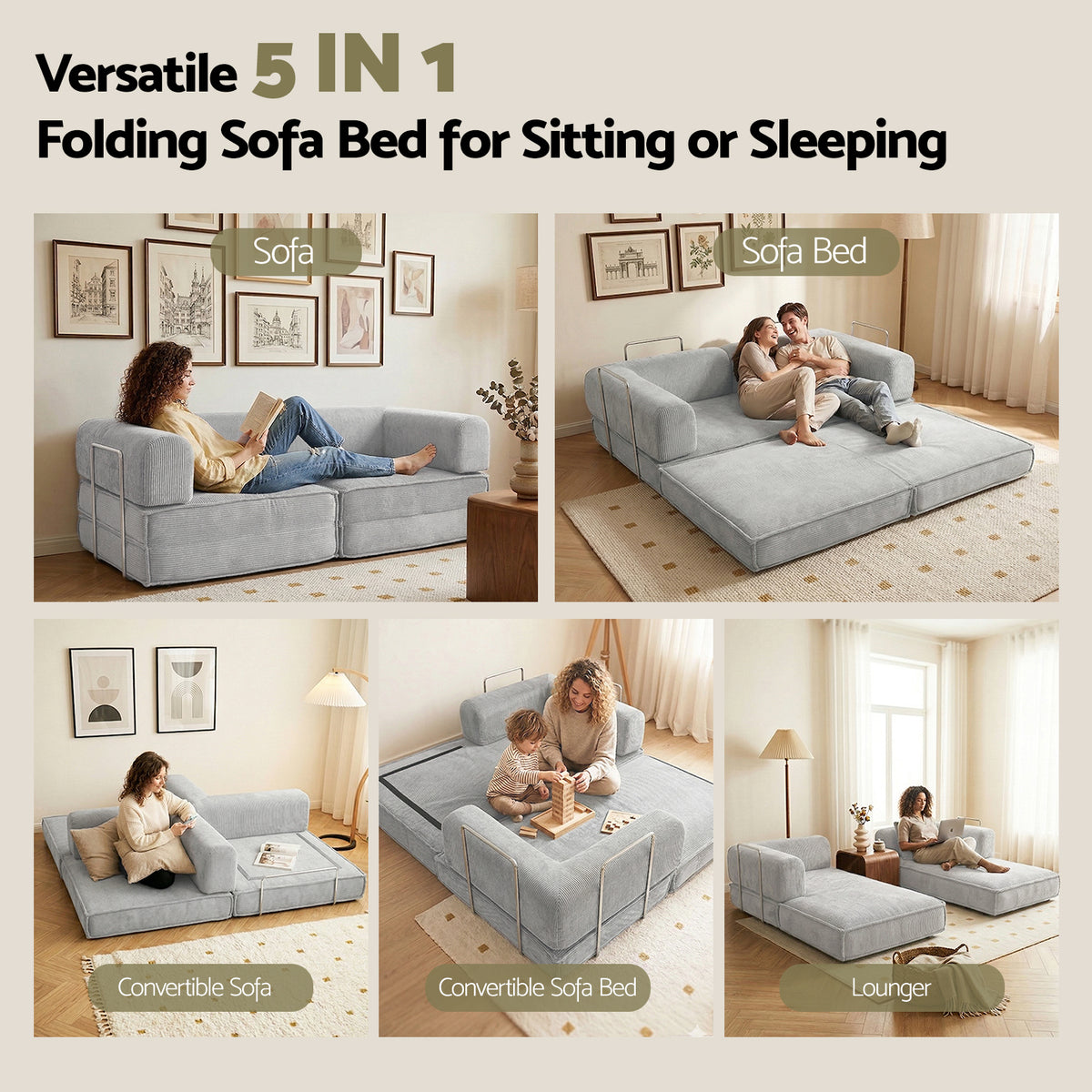 Artiss 2 Seater Convertible Folding Sofa Bed Corduroy Grey