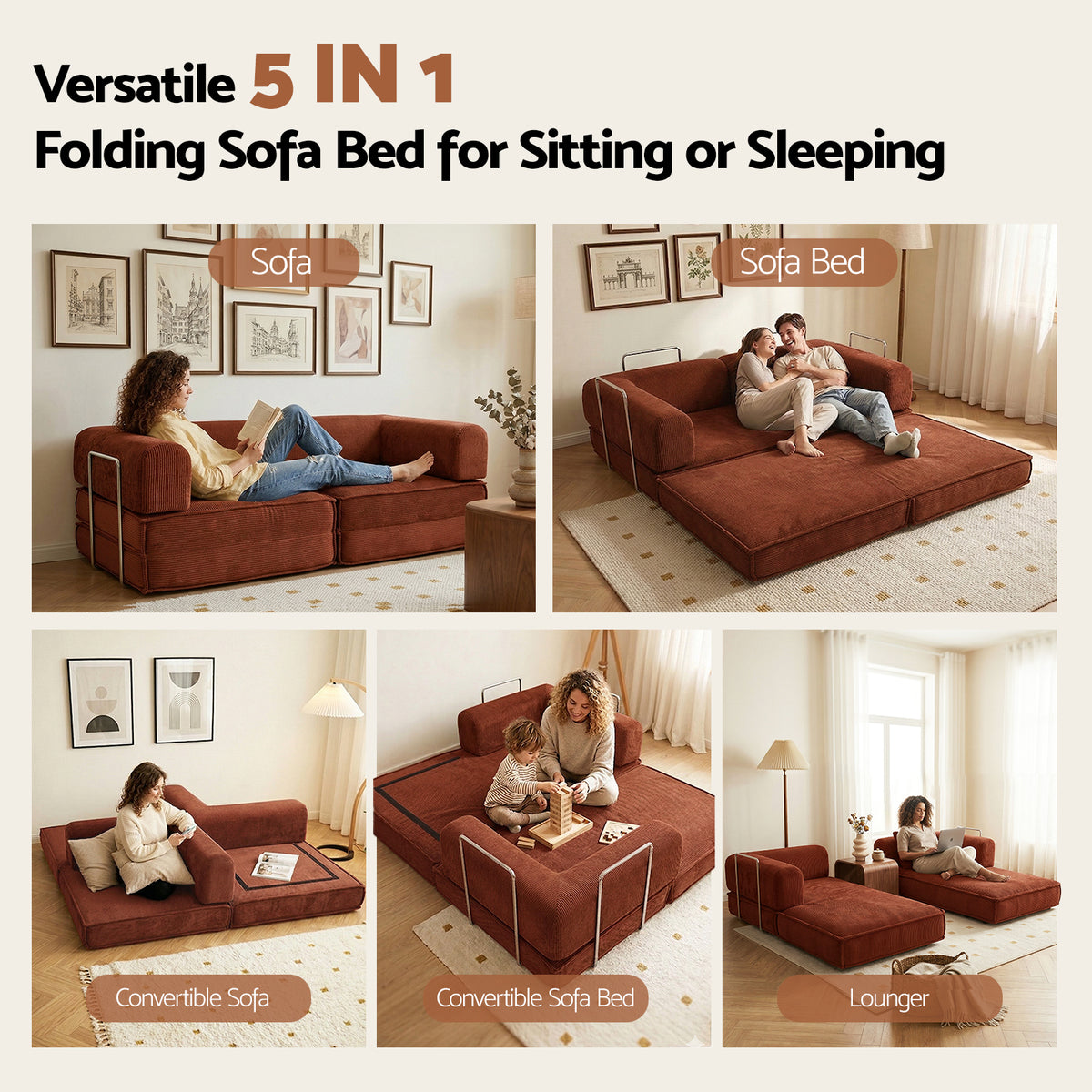 Artiss Convertible Folding Sofa Bed Pull Out Corduroy Orange