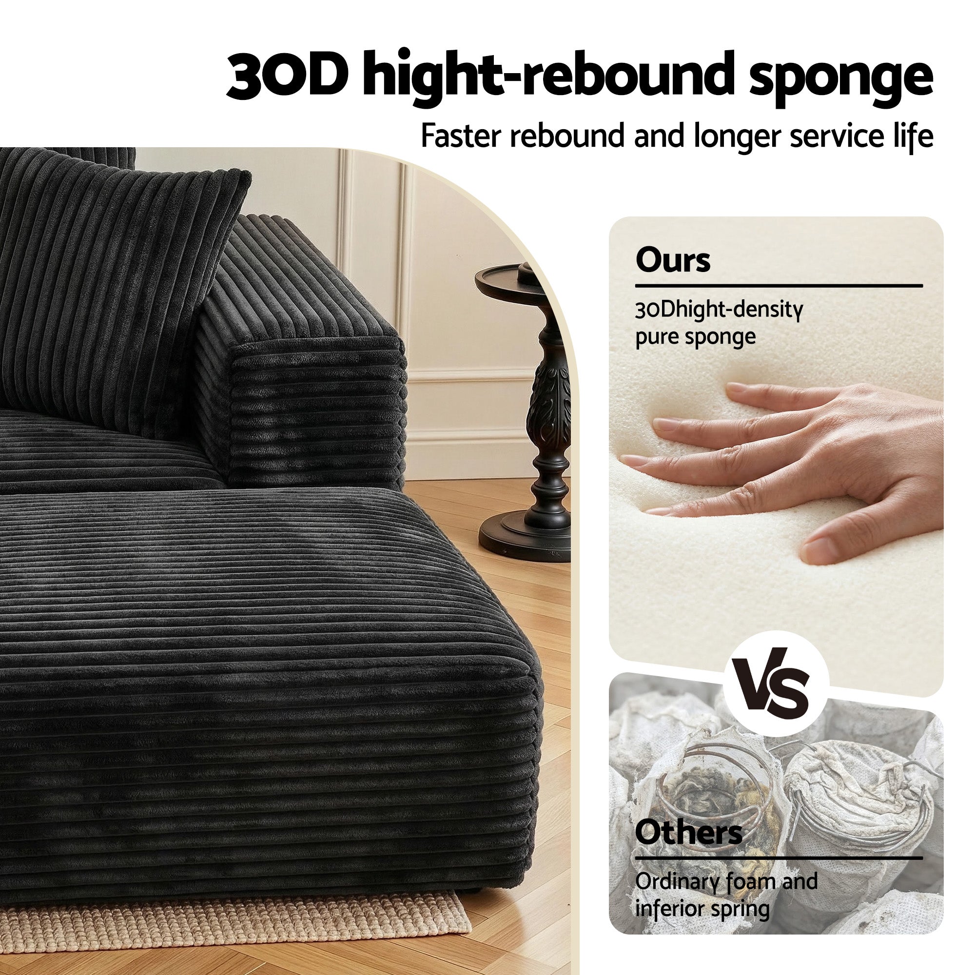Artiss Modular Sofa Bed with Ottoman Sectional Boneless Couches for Living Room Corduroy Compressed Sofa Black
