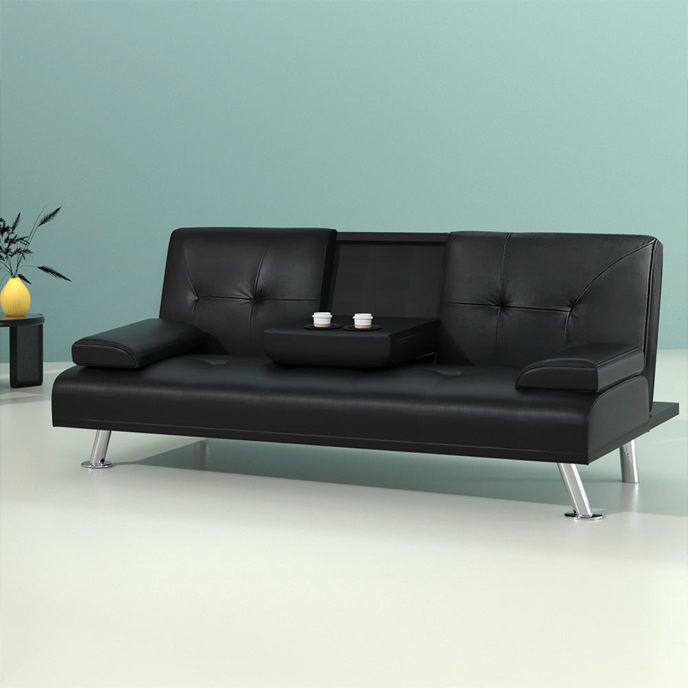 Convertible 3-Seater Sofa Bed Leather Recliner with Cupholder Black