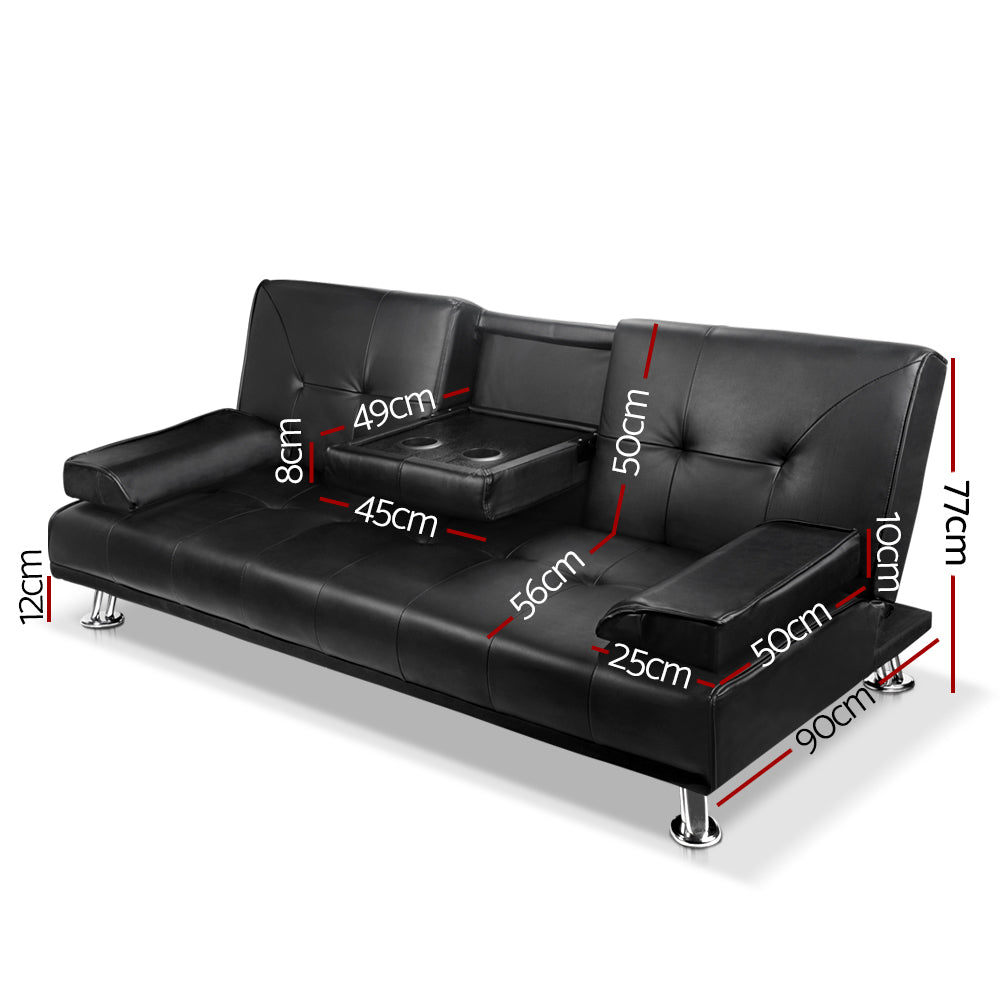 Convertible 3-Seater Sofa Bed Leather Recliner with Cupholder Black