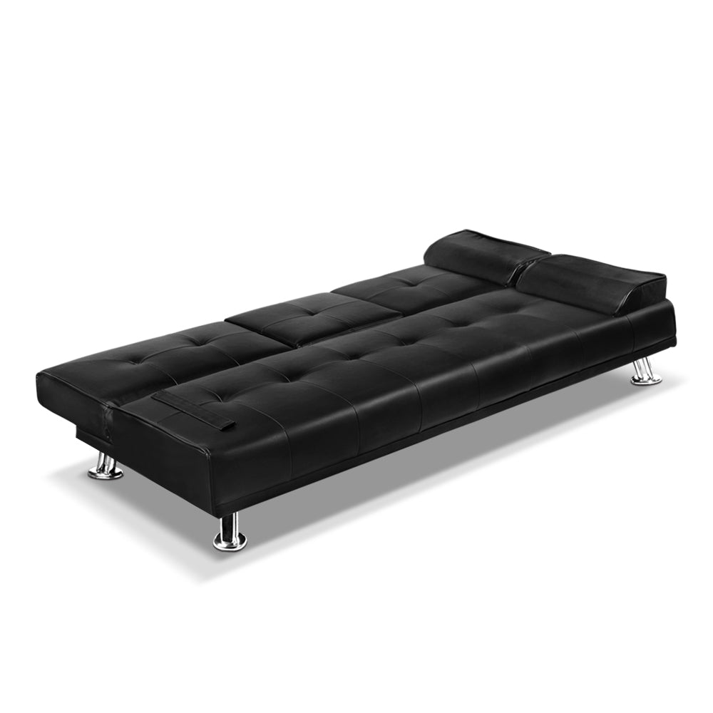 Convertible 3-Seater Sofa Bed Leather Recliner with Cupholder Black