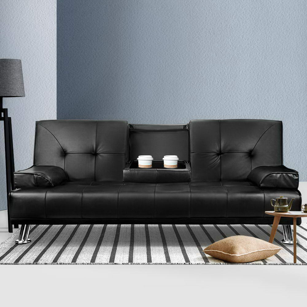 Convertible 3-Seater Sofa Bed Leather Recliner with Cupholder Black