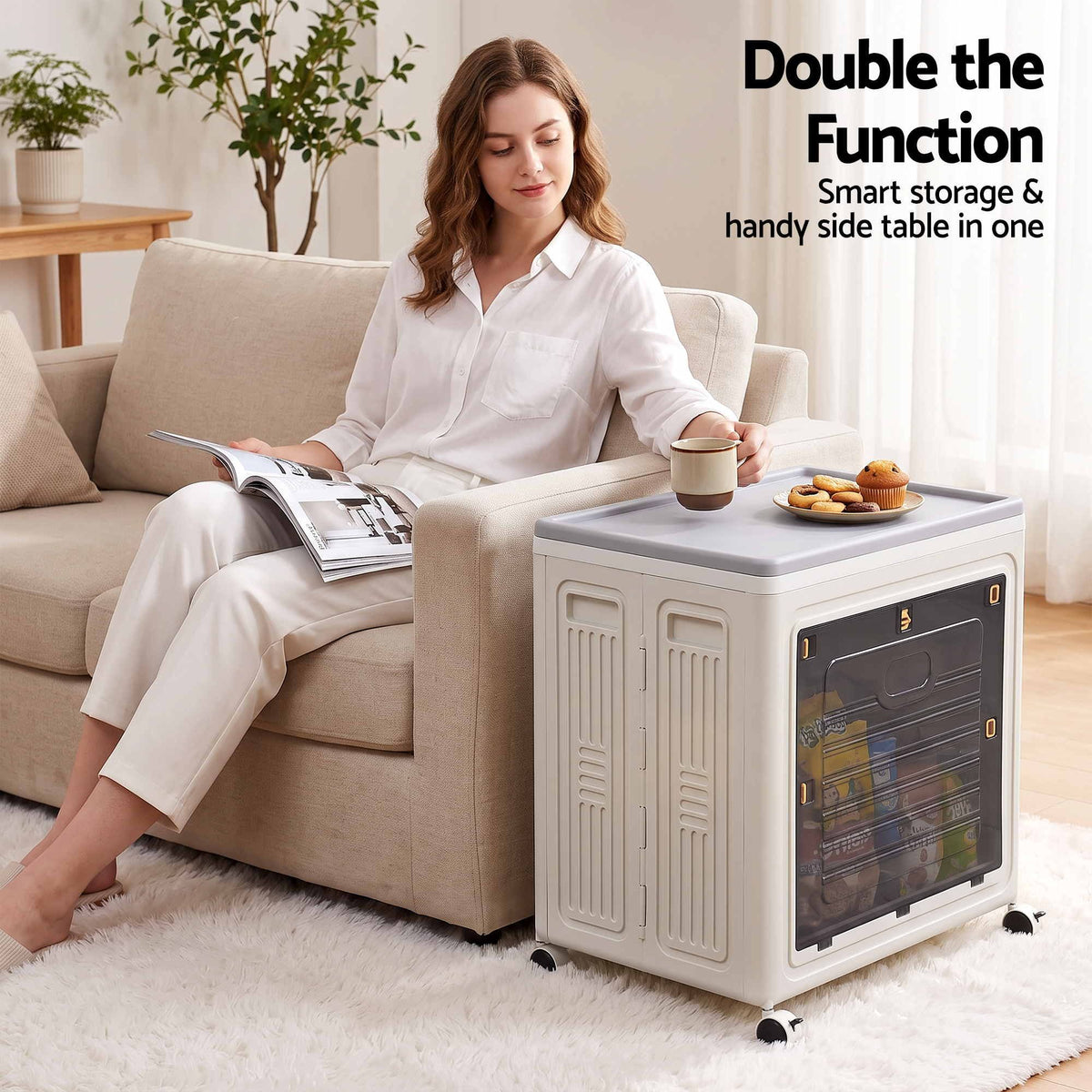 Artiss Foldable Storage Cabinet Stackable Box 2 Doors Rolling Organiser White