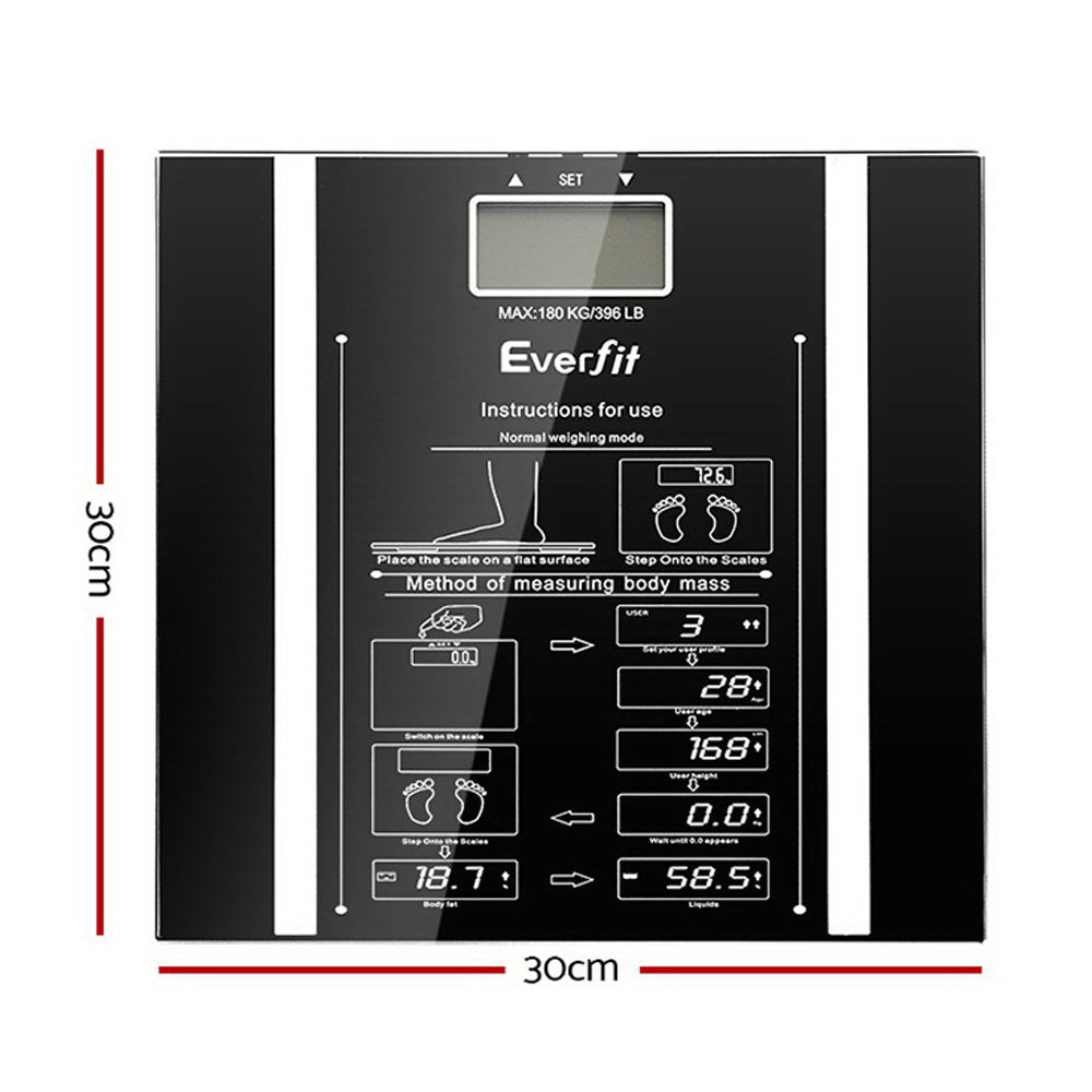 Everfit 180KG Digital Bathroom Scale Body Fat Hydration Monitor Black