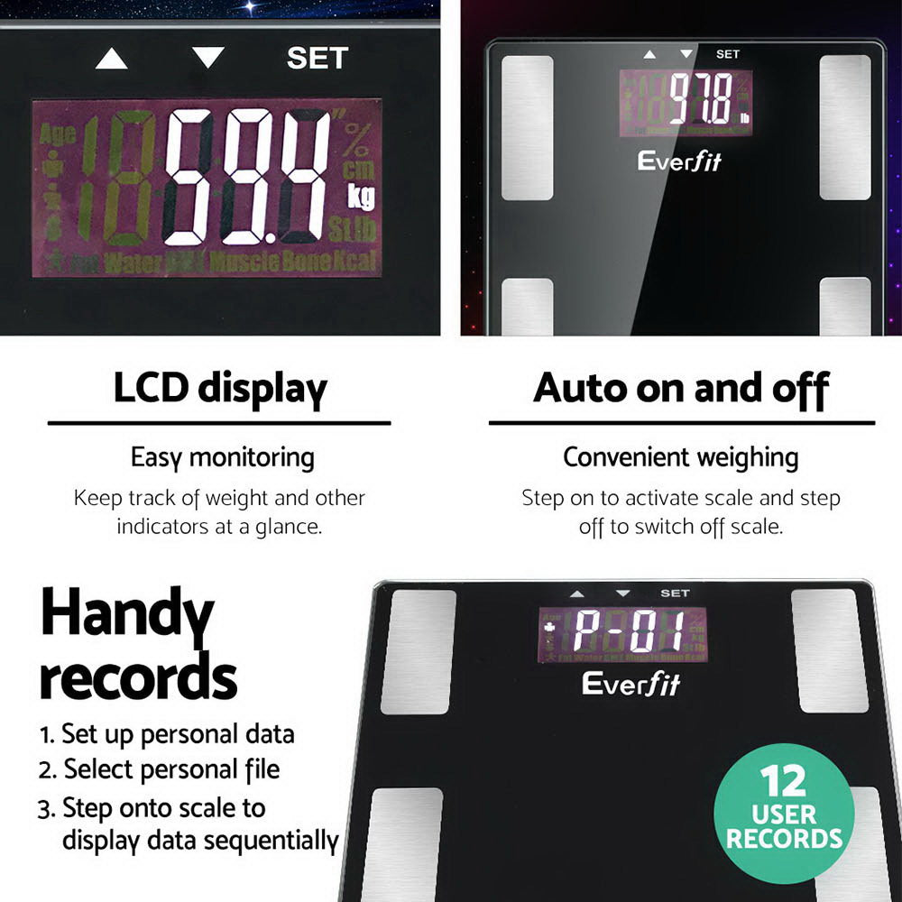 Everfit 180KG Body Fat Scale BMI Monitor Black