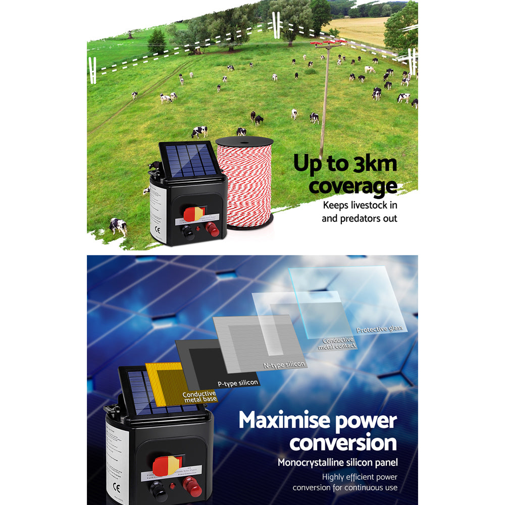 Giantz 3KM Solar Electric Fence Energiser with 500M Poly Rope