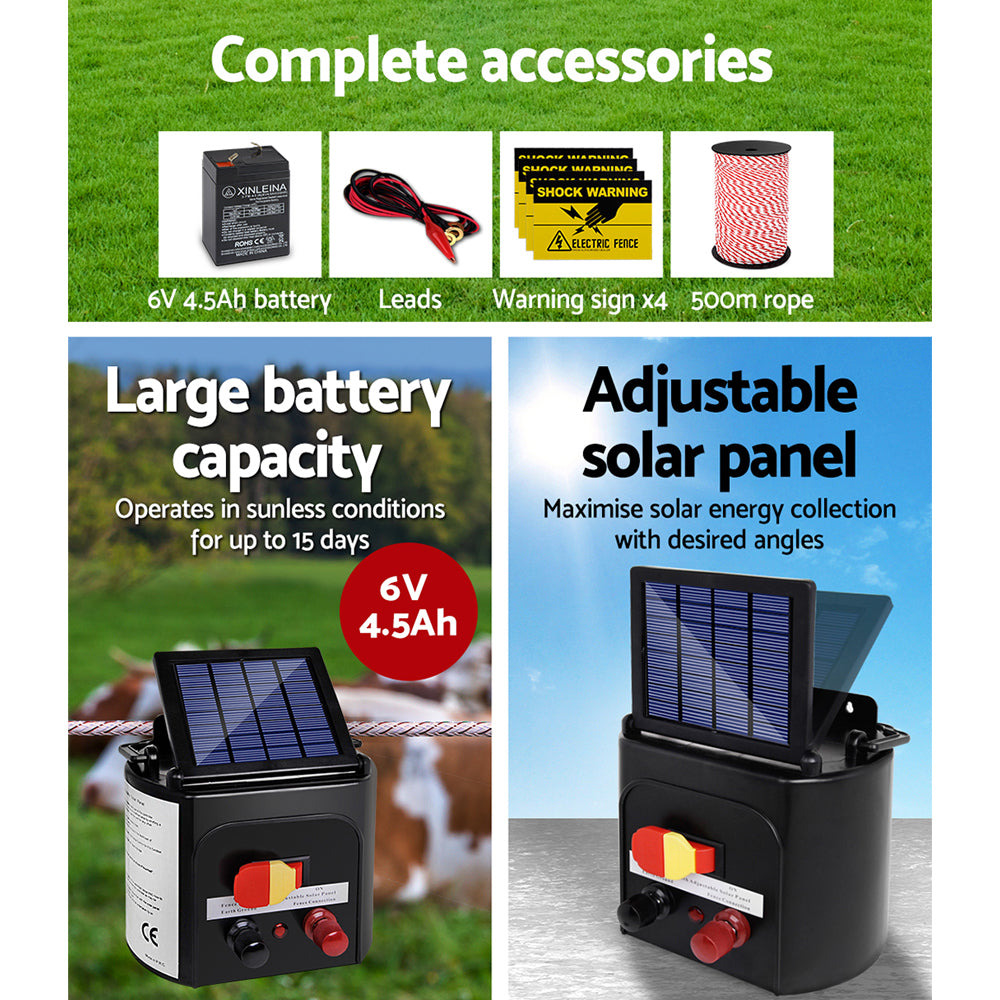 Giantz 3KM Solar Electric Fence Energiser with 500M Poly Rope
