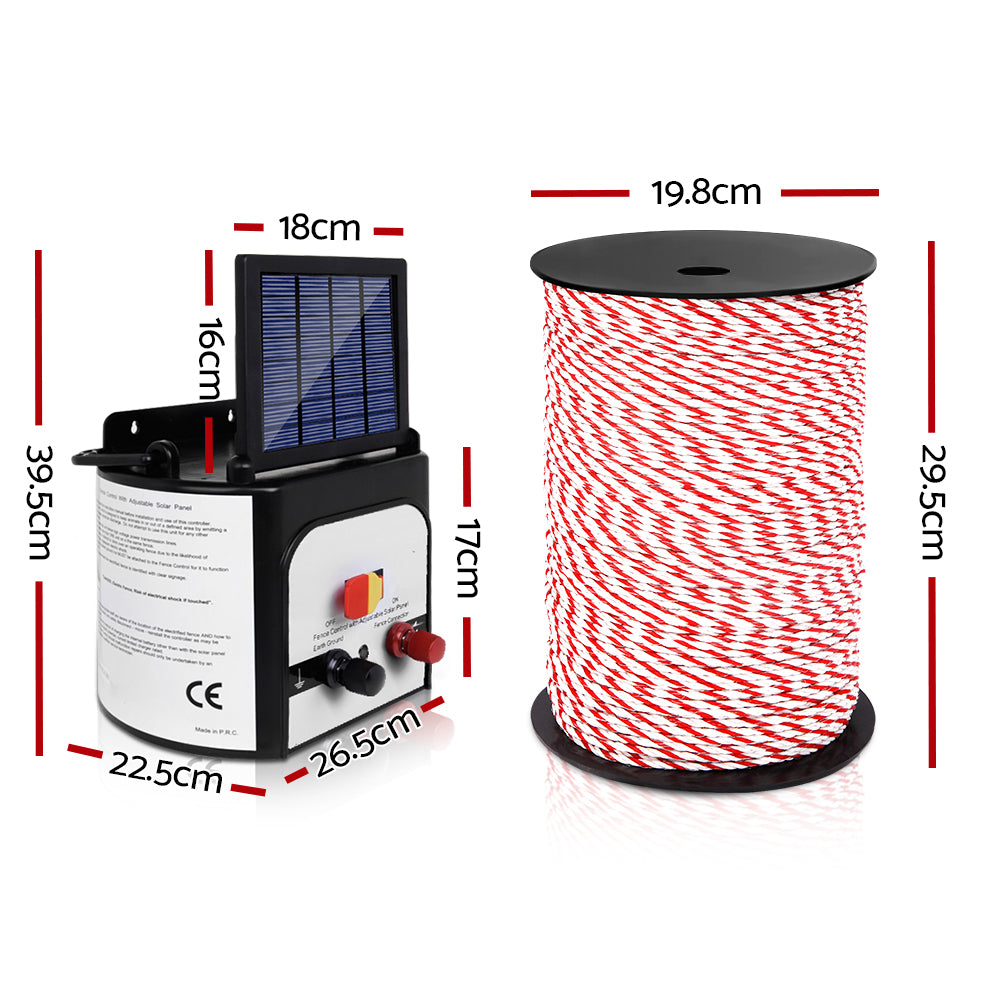 Giantz 8KM Solar Electric Fence Energiser 500M Poly Rope Red/White