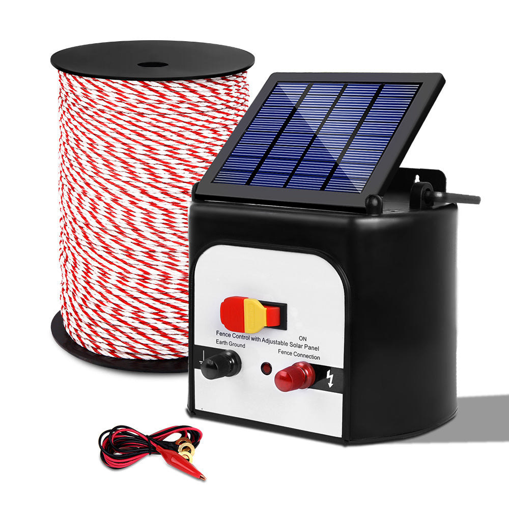 Giantz 8KM Solar Electric Fence Energiser 500M Poly Rope Red/White
