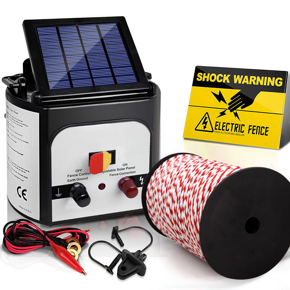 Giantz 8KM Solar Electric Fence Energiser 500M Poly Rope Red/White