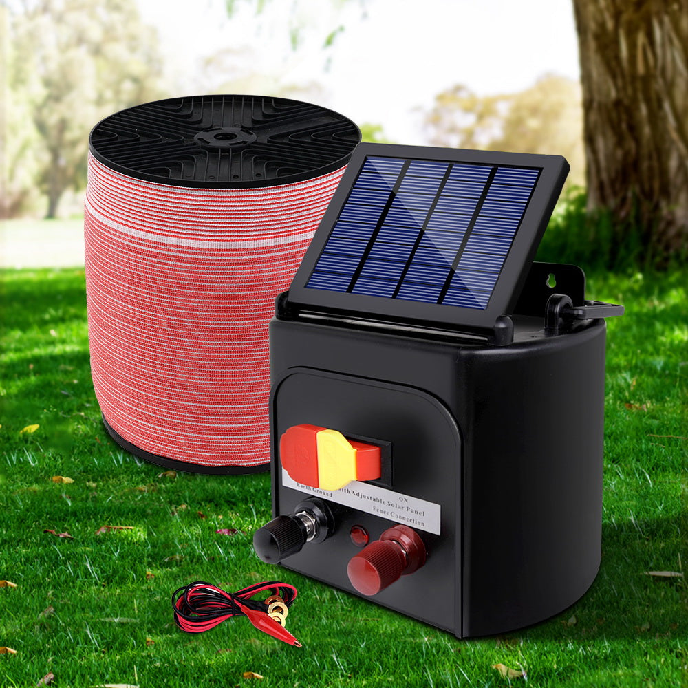 Giantz 3KM Solar Electric Fence Energiser 1200M Polytape Red/White