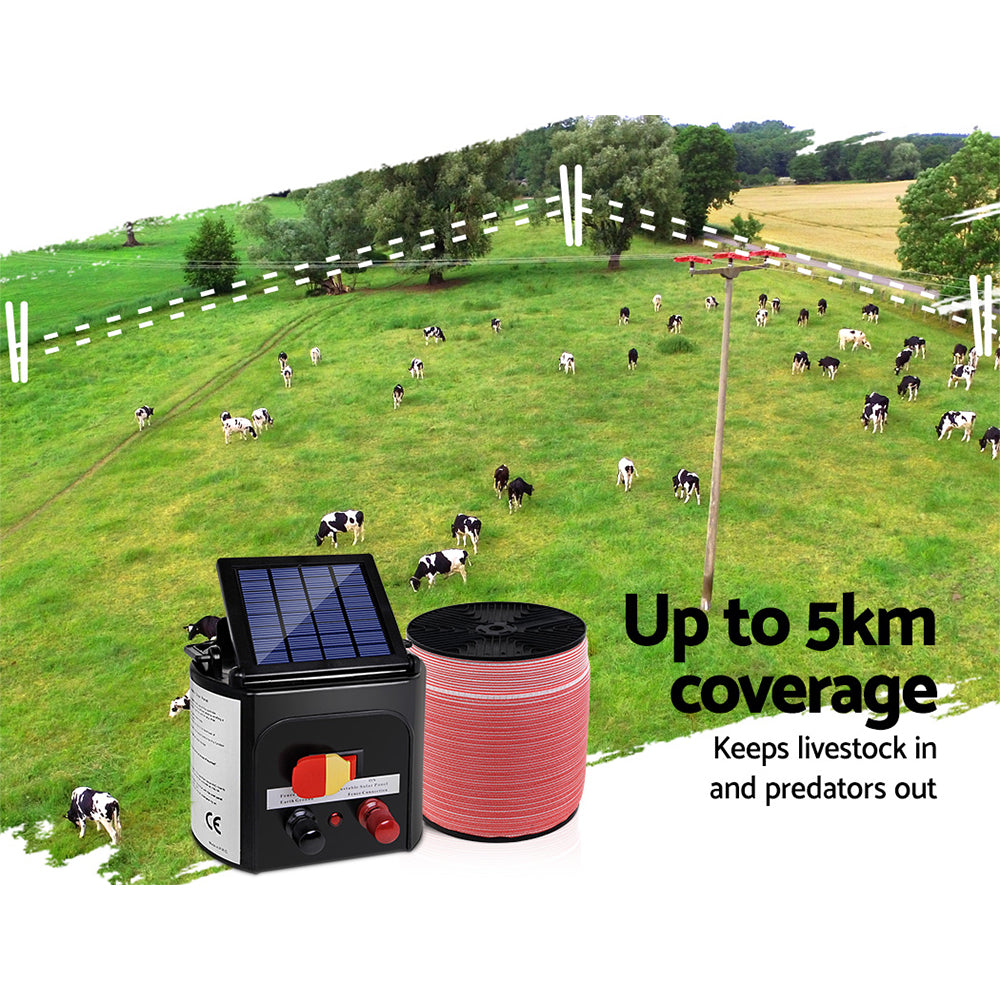 Giantz 5km Solar Electric Fence Energiser 2000m Polytape Red/White