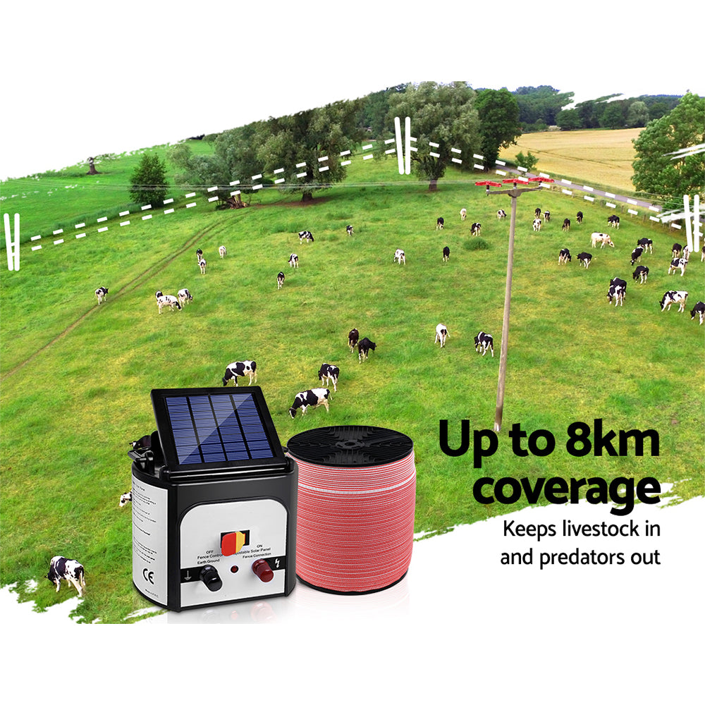 Giantz 8KM Solar Electric Fence Energiser 2000M Poly Tape Red/White