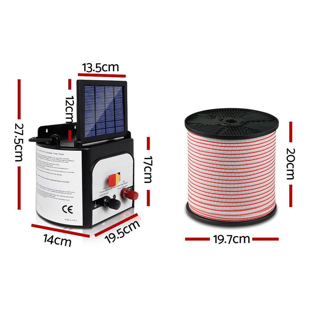 Giantz 8KM Solar Electric Fence Energiser 400M Red & White Polytape