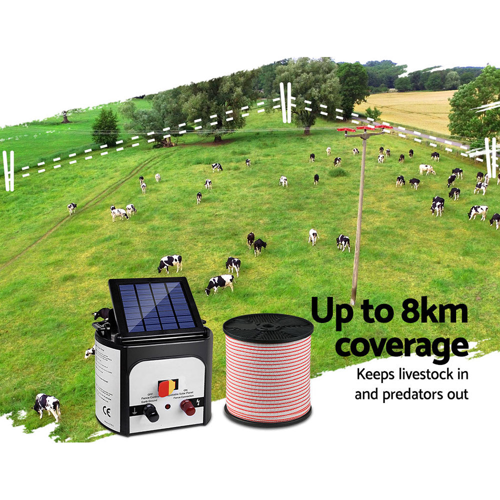 Giantz 8KM Solar Electric Fence Energiser 400M Red & White Polytape