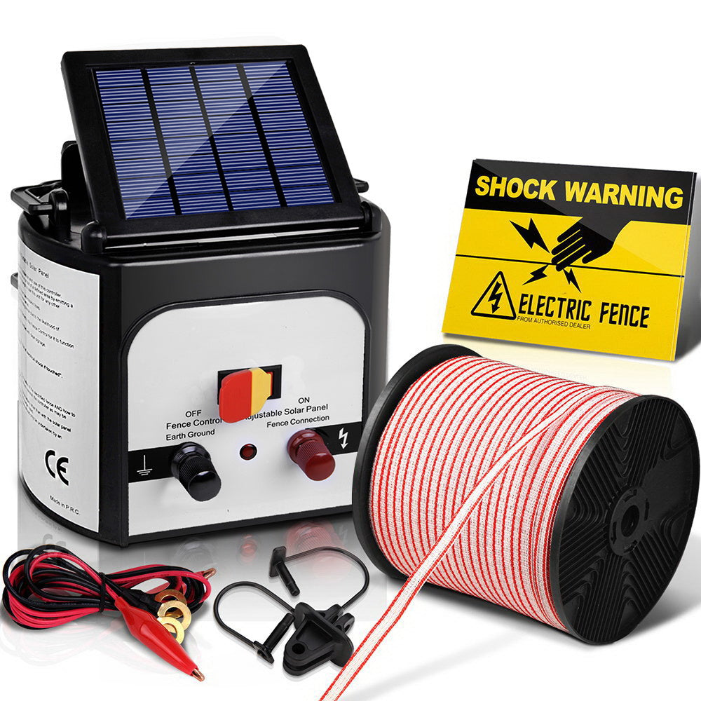 Giantz 8KM Solar Electric Fence Energiser 400M Red & White Polytape
