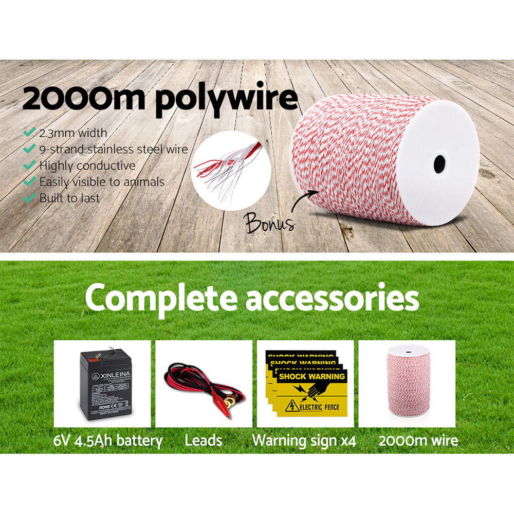 Giantz 3KM Solar Electric Fence Energiser with 2KM Poly Wire Red & White