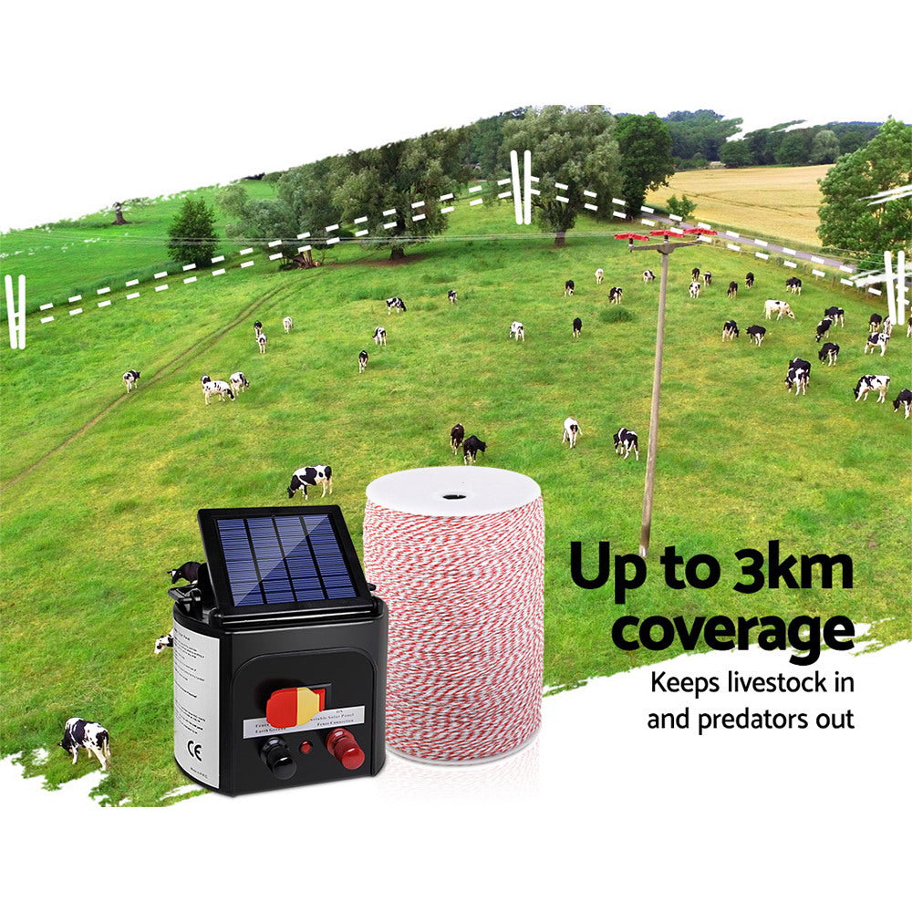 Giantz 3KM Solar Electric Fence Energiser with 2KM Poly Wire Red & White