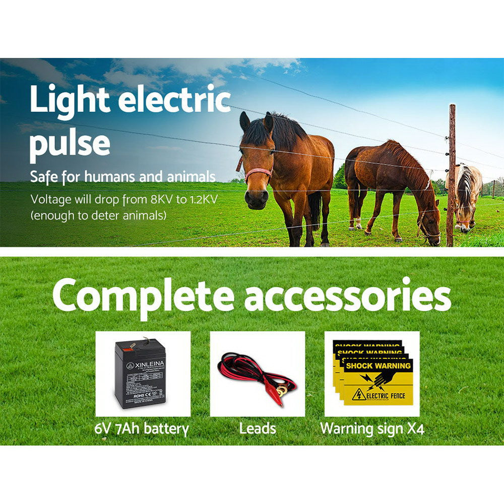 Giantz 8KM Solar Electric Fence Energiser 0.3J Black/White