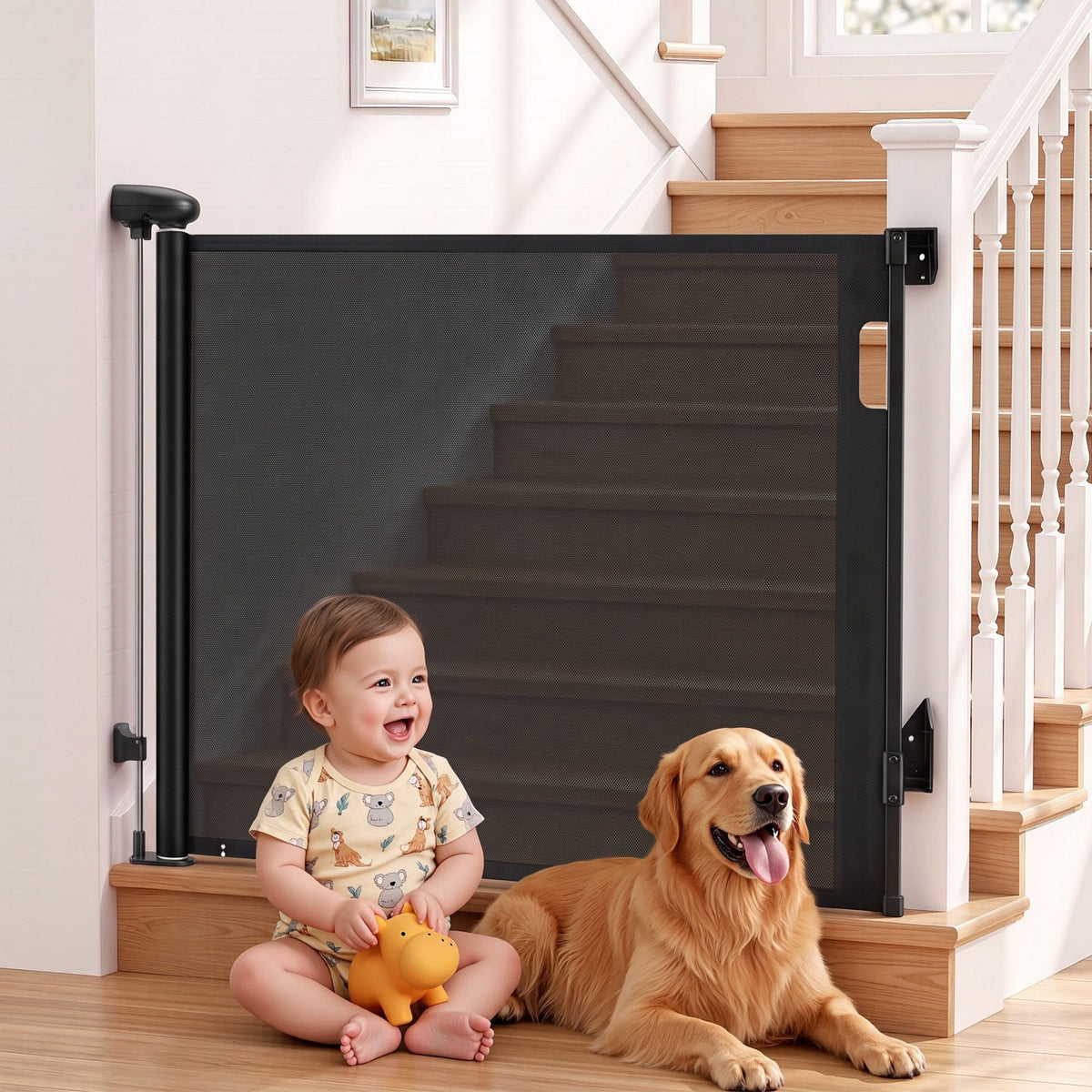 Keezi Retractable Baby Gate Pet Safety Fence Extends to 140cm Black