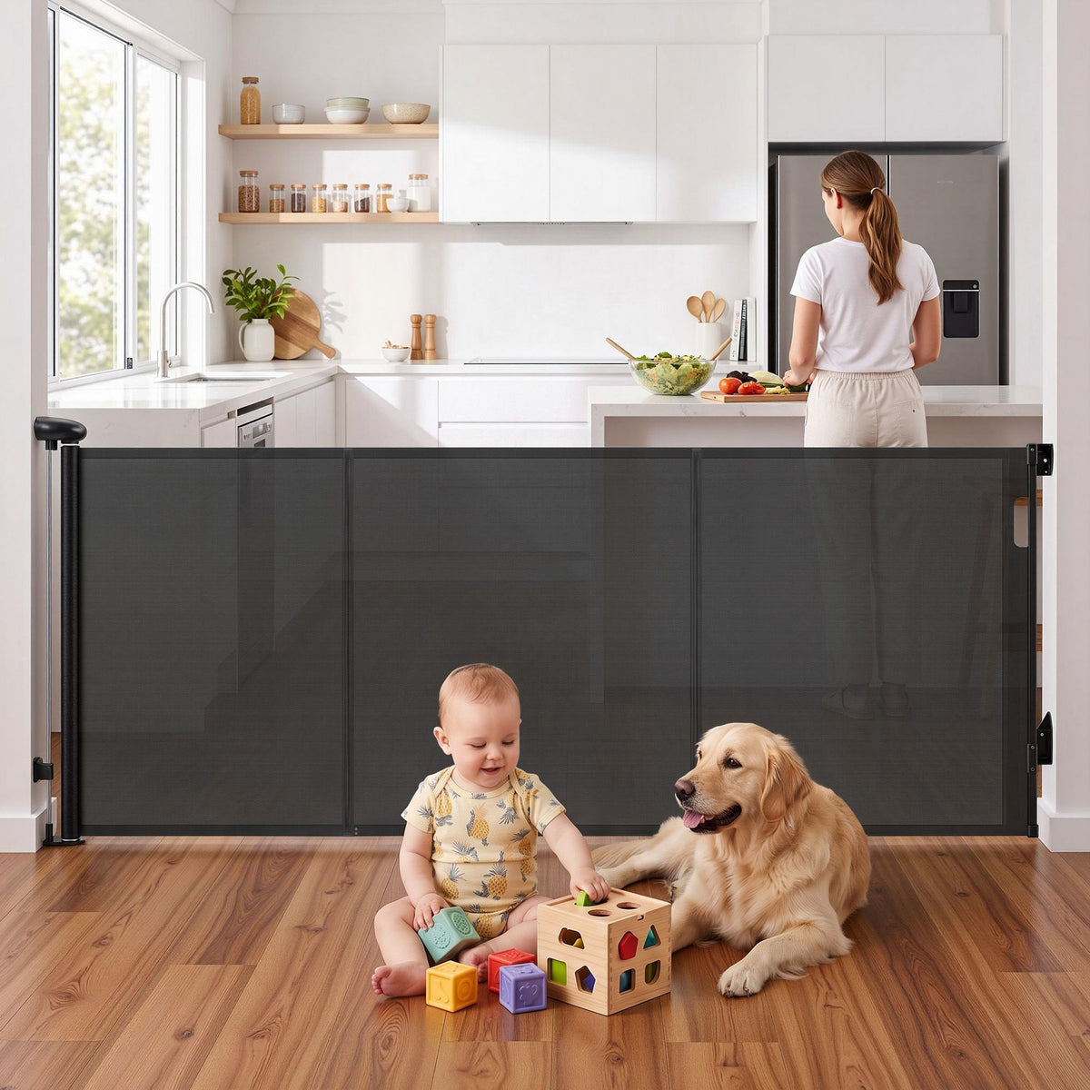 Keezi Retractable Baby Gate Pet Safety Fence Extends up to 400cm Black