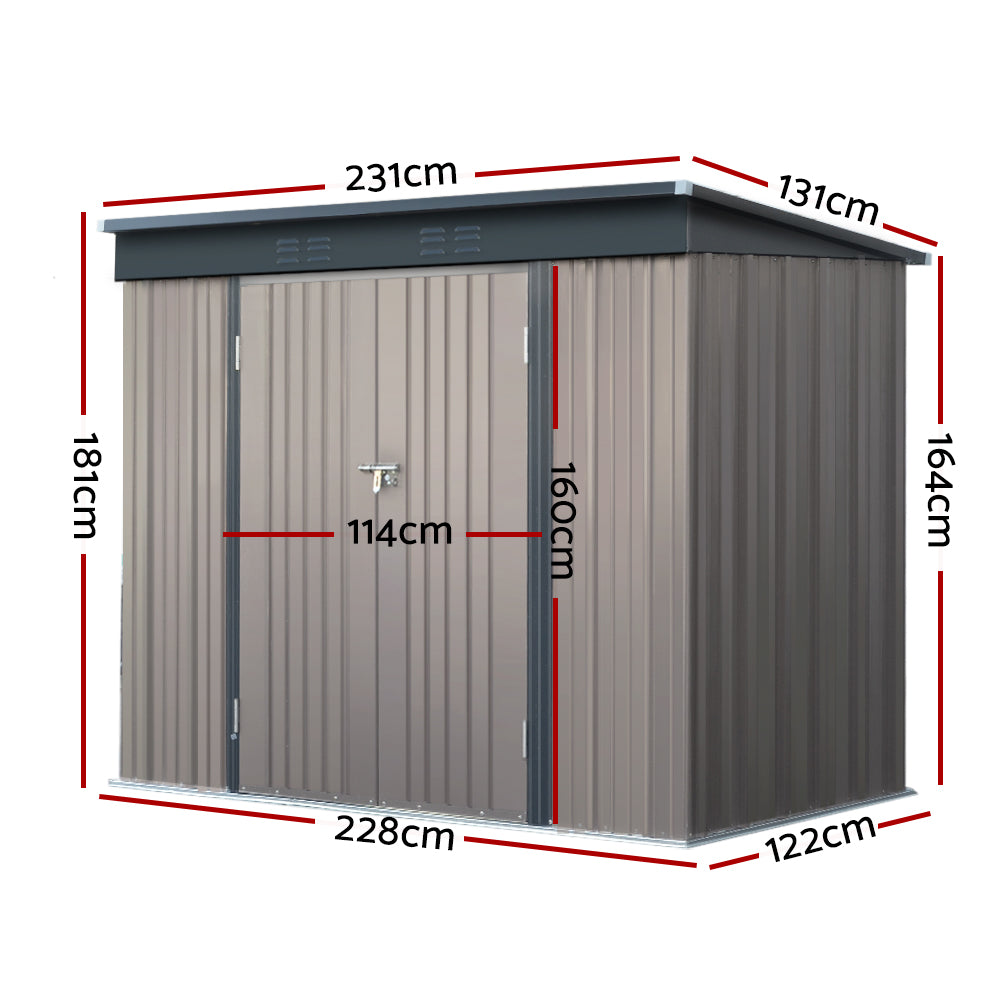 Giantz 2.31x1.31M Metal Garden Shed Brown Double Door Outdoor Storage