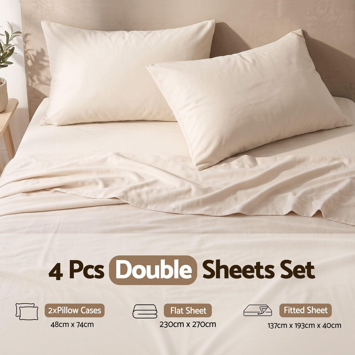 Giselle Double Sheet Set 150 GSM Micro Flannel 4 Piece Cream White