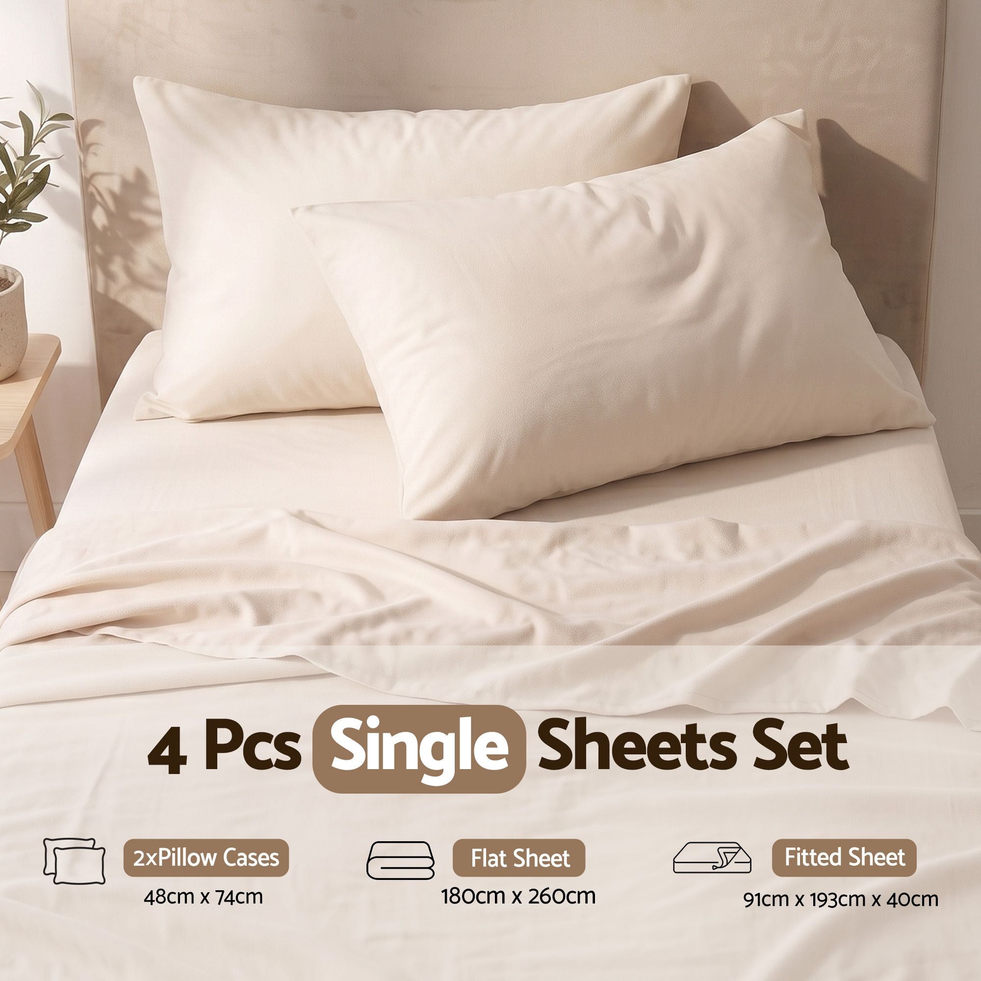 Giselle Single Sheet Set 150 GSM Anti-pilling Micro Flannel, Fast Drying Lightweight 4 Piece, 40CM Deep Pocket Fits Thick Mattress, Cream White