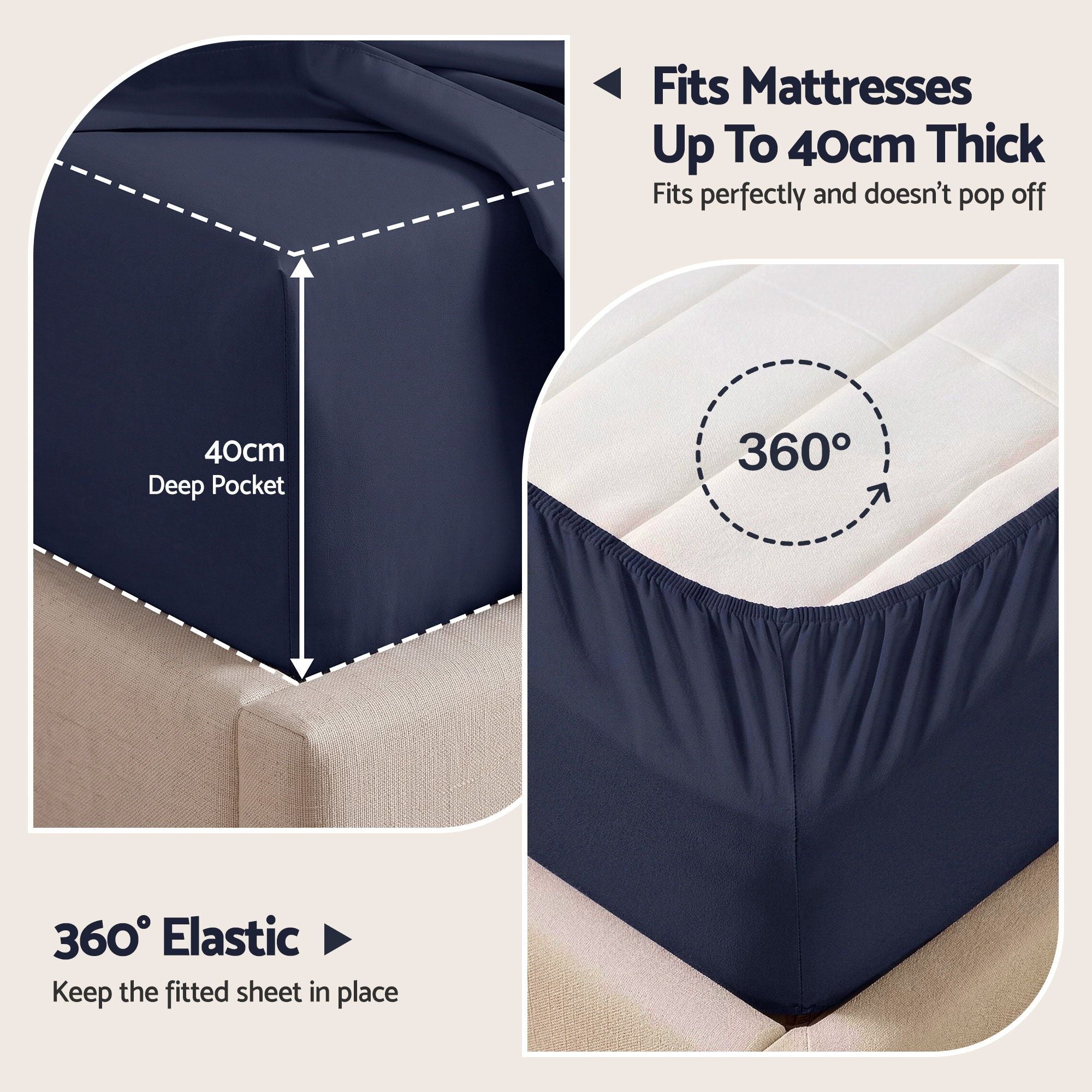 Giselle Double 500TC Cotton 4Pcs Sheet Set with 40cm Extra Deep Pocket for Thick Mattresses Sateen Weave for Sweaty Nights Navy Blue